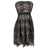 Sweet Honeycomb Lace Overlay Strapless Designer Dress by Minuet in Black/Nude